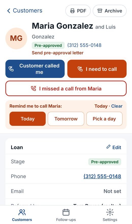 Customer file with Customer called me, I need to call and I missed a call buttons