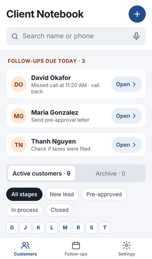 Client Notebook home screen showing follow-ups due today